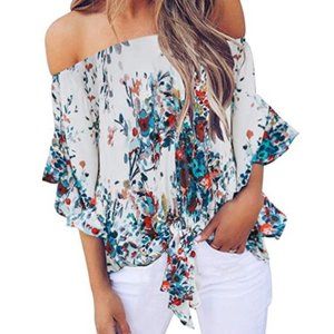 NWOT Off shoulder bell sleeve tie front blouse